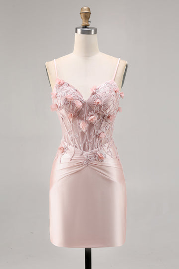 Pink Satin Corset Bodycon Cocktail Dress with Appliques